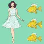 cheerful mint-green dress with pattern of golden-yellow fish image